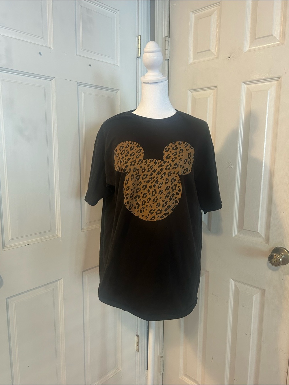 Disney Black Tee with Leopard Mickey Mouse Silhouette